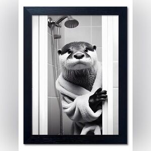 Black and White Canvas Art Otter Wearing Bathrobe Framed Print 14”x11” new